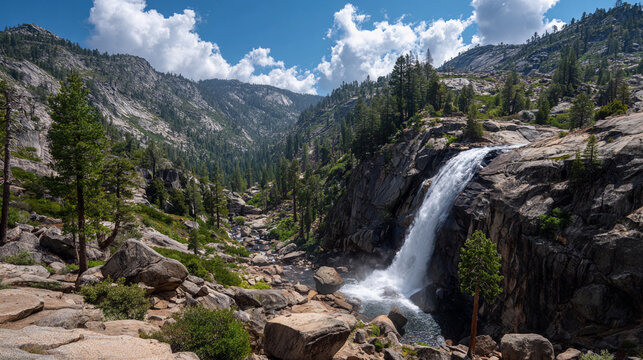 Majestic waterfall cascading through rocky mountains on a sunny day