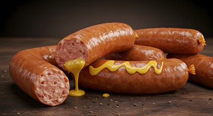 Close-up of freshly cooked sausages with mustard, perfect for a delicious meal or barbecue