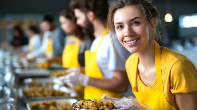 Volunteers serving meals at shelter, teamwork and compassion, kindness and empathy, community spirit, helping others, human connection, social good, volunteer joy, with copy space