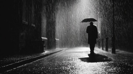 Man walking alone in the rain under an umbrella, a somber scene.