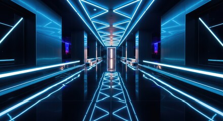 Illuminated futuristic corridor with geometric neon lights and reflections conveys modernity