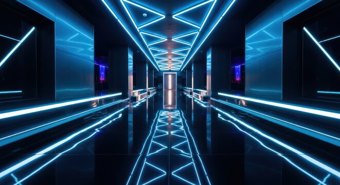 Illuminated futuristic corridor with geometric neon lights and reflections conveys modernity