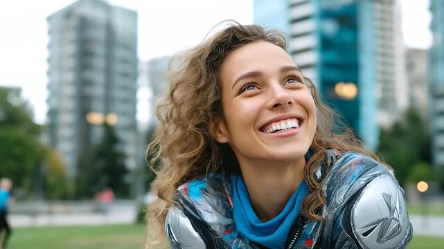 Woman learning to rollerblade in city park, laughter and balance, freedom and energy, sporty lifestyle, personal challenge, joy of movement, urban fitness, playful mood, with copy