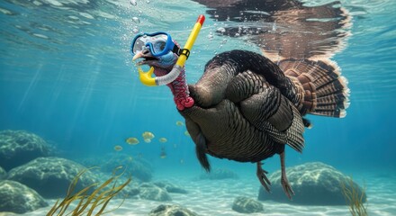 Unusual scene of a turkey wearing snorkeling gear swimming underwater with sunlight