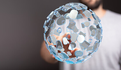 Abstract image of a person touching a digital sphere composed of chat bubbles and social media icons representing global communication and conne