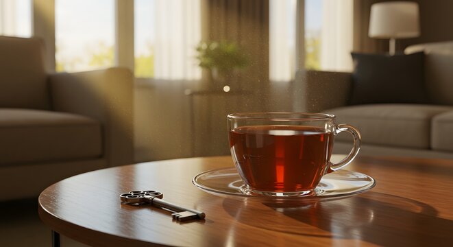 Cozy afternoon scene with a steaming cup of black tea and an antique key on a polished wooden coffee table in a sunlit living room, evoking warmth and comfort