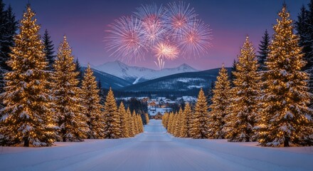 Enchanting Winter Road Lined with Illuminated Christmas Trees, Snow-Covered Mountains, and Fireworks Display at Twilight