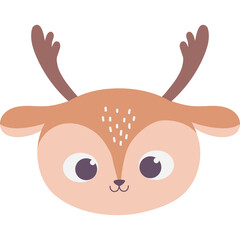 Cute cartoon deer head with antlers and large innocent eyes in soft pastel colors isolated on a white background for illustration or design purposes