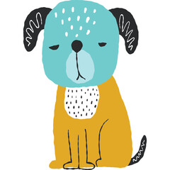 Cute cartoon dog with blue face and yellow body sitting with closed eyes and a whimsical hand drawn style on a transparent background