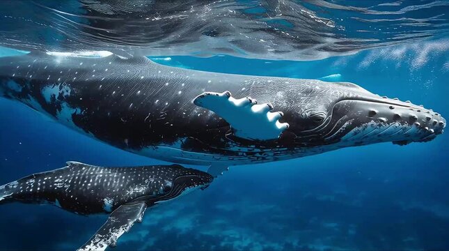 
Underwater humpback mother whale swimming very close to camera together with newborn calf. Baby whale playing swimming. Tender moment of new family. Amazing wildlife marine nature animals shot.