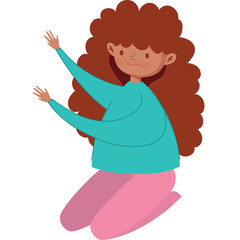 Cute Cartoon Girl With Curly Brown Hair And Teal Sweater Pink Pants Sitting Down Happy Excited Pose Transparent Background