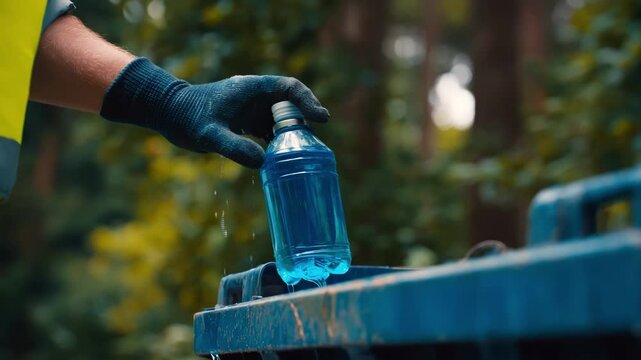 Medium shot of a worker thoroughly cleaning a biohazard container using a bleach solution emphasizing sanitation and safety in hazardous waste management.