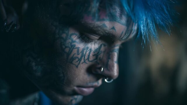 A woman with vibrant blue hair and decorative rings on her hands showcases a unique style. The rings and blue hair complement her artistic expression in this creative setting.
