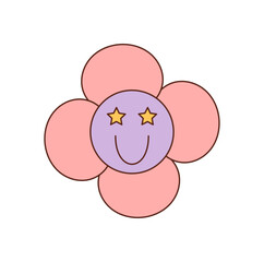 Groovy retro daisy smile face icon in playful cartoon pink style. Star face flower with happy expression, y2k and groovy element give this icon a unique and cheerful look for modern, positive uses.