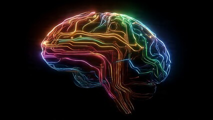 Vibrant neural pathways illuminate the complexities of the human brain. This image uses light and color to create a visually striking representation of brain activity and the power of thought