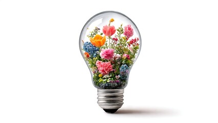 A light bulb filled with a vibrant array of colorful flowers, symbolizing a bright idea