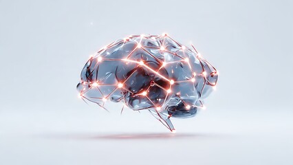 A detailed illustration of a human brain, featuring interconnected light trails