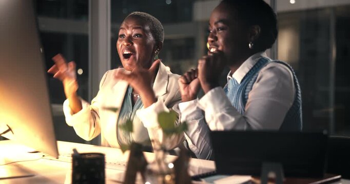 Computer, high five and business women at night for profit increase, goal or winner. Office, clap and excited African team celebrate success, investment achievement or overtime milestone with tech
