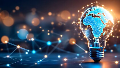 A glowing lightbulb containing a map of the Earth, surrounded by a digital network, symbolizing global innovation and energy.