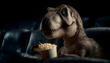 T rex enjoying popcorn while watching a movie in a cinema seat