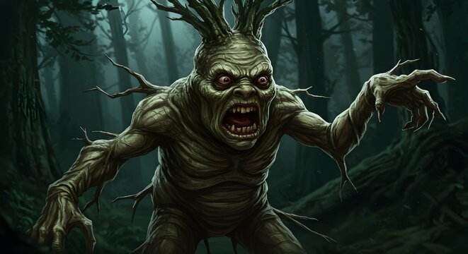 Terrifying treant monster emerging from a dark, spooky forest with glowing red eyes and gnarled branches, a creature of myth and nightmare