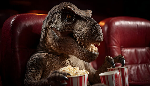 T rex enjoying popcorn while watching a movie in a cinema seat