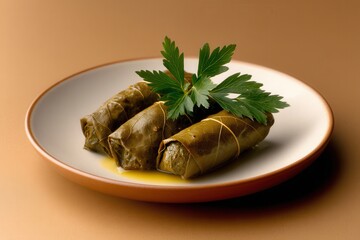 Three Stuffed Grape Leaves, or Dolmas, Sit on a White Plate, Garnished With Parsley Sprigs, on a Neutral Background