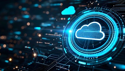 Futuristic digital interface displaying a cloud icon within a glowing blue circular frame, symbolizing cloud computing and data storage.