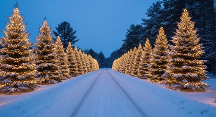 Magical Winter Road: A Beautiful Snow-Covered Driveway Lined with Illuminated Christmas Trees Under a Serene Twilight Sky, Capturing the Enchanting Holiday Spirit