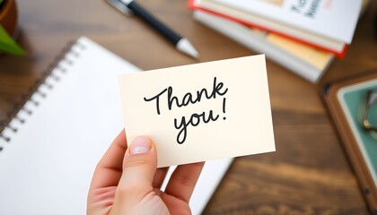 A hand holds a small cream-colored card with the words "Thank you!" written in black cursive script.