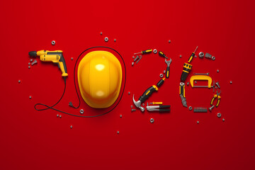 Creative 2026 New Year design template on engineering, construction, interior finishing, repair and maintenance theme. 3d render illustration for a greeting card, calendar or banner.