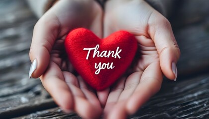 Close-up of hands holding a red heart-shaped object with the words 'Thank you' written on it.