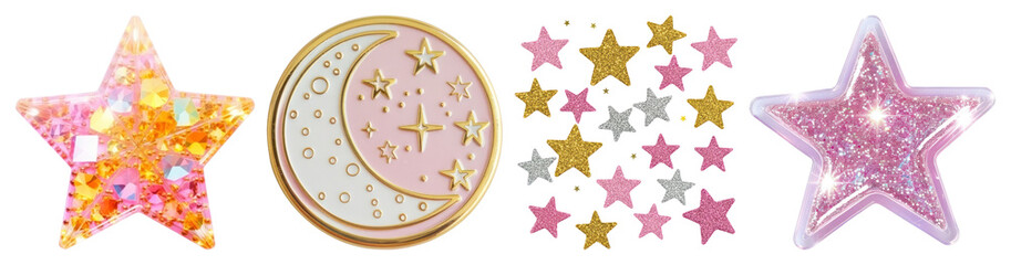 PNG Glittery celestial star designs, element set on transparent background