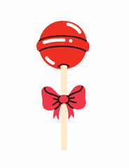 Cute red lollipop with a bow. Flat vector illustration.