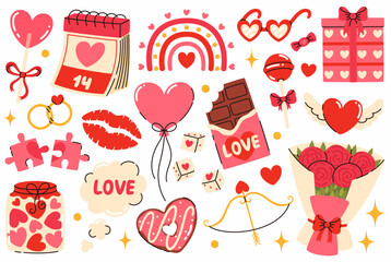 Set of cute Valentine's day elements. A gift, heart-shaped lollipop, a bouquet of roses, a calendar. Flat vector illustration.
