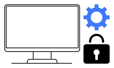 Blank computer screen, blue gear, black padlock. Ideal for technology, security, data protection, cybersecurity, software system settings privacy concepts. Minimalist flat metaphor