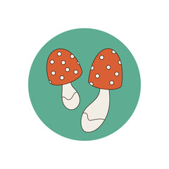 Groovy retro mushroom forms funky orange sticker label. Playful cartoon seal set in a circle on package or box lid, y2k visual style for modern branding and packaging uses.