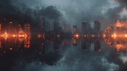 Fototapeta premium cinematic establishing shot of burned cityscape, rising smoke, glowing embers, symmetrical wide frame