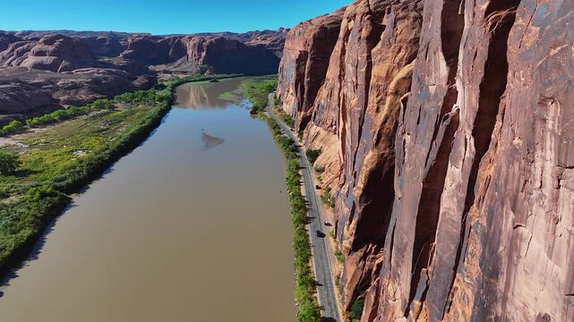 Climbing rock wall on Potash road in Moab Colorado.