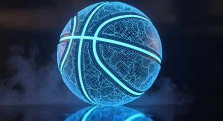 Futuristic cyan light trail pattern illuminates a high-tech basketball design