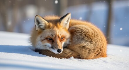 Obraz premium Red fox resting peacefully in the snowy landscape under the soft sunlight winter season
