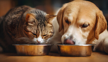 Fototapeta na wymiar Cat and dog eating together from bowls indoors