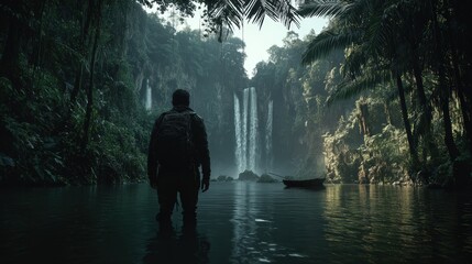 A solitary traveler stands in a serene jungle waterfall, reflecting nature's beauty and tranquility