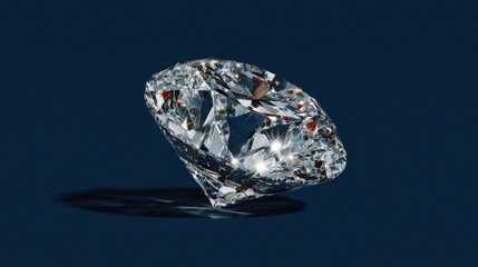A sparkling diamond resting on a dark blue surface, reflecting light and showcasing its brilliance