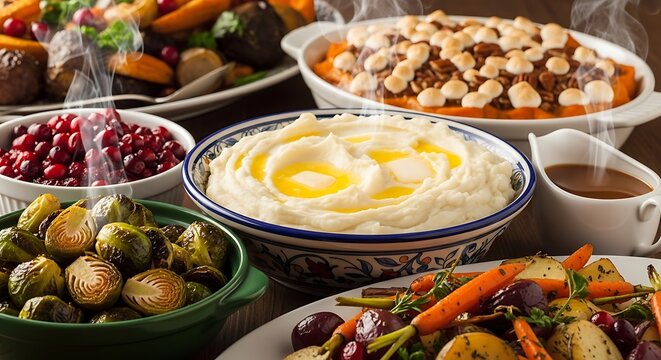 A steaming hot Thanksgiving dinner spread featuring mashed potatoes, roasted Brussels sprouts, sweet potato casserole, and gravy.