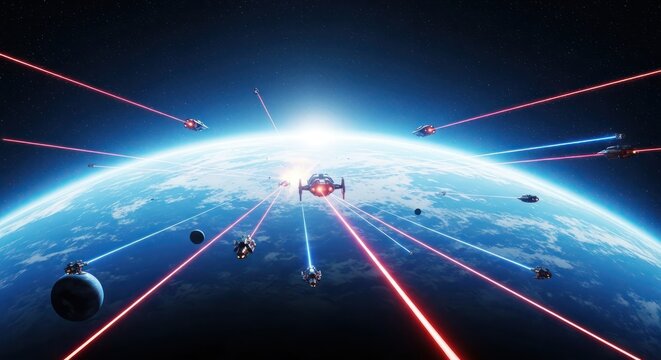 Interstellar Conflict: Spaceships Engage in Battle Above a Blue Planet with Energetic Light Beams