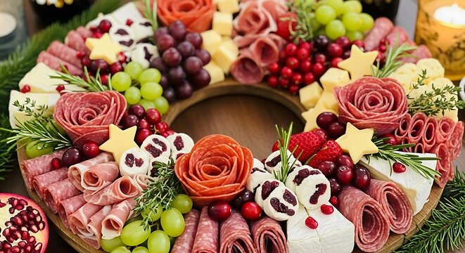 Festive charcuterie board arranged in a wreath shape, featuring various meats, cheeses, and fruits.