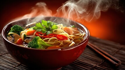 A steaming bowl of colorful vegetable noodles with fresh herbs, set against a warm background