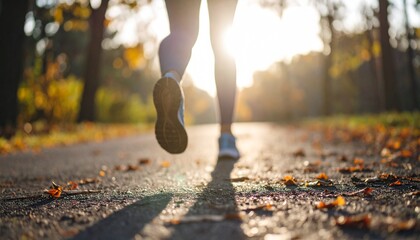 ランニング ジョギング 運動 走る スニーカー シューズ 公園 道路 落ち葉 秋 季節 太陽 光 影 健康 スポーツ フィットネス トレーニング 散歩 朝日 夕日