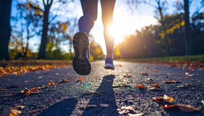 ランニング ジョギング 運動 走る スニーカー シューズ 公園 道路 落ち葉 秋 季節 太陽 光 影 健康 スポーツ フィットネス トレーニング 散歩 朝日 夕日